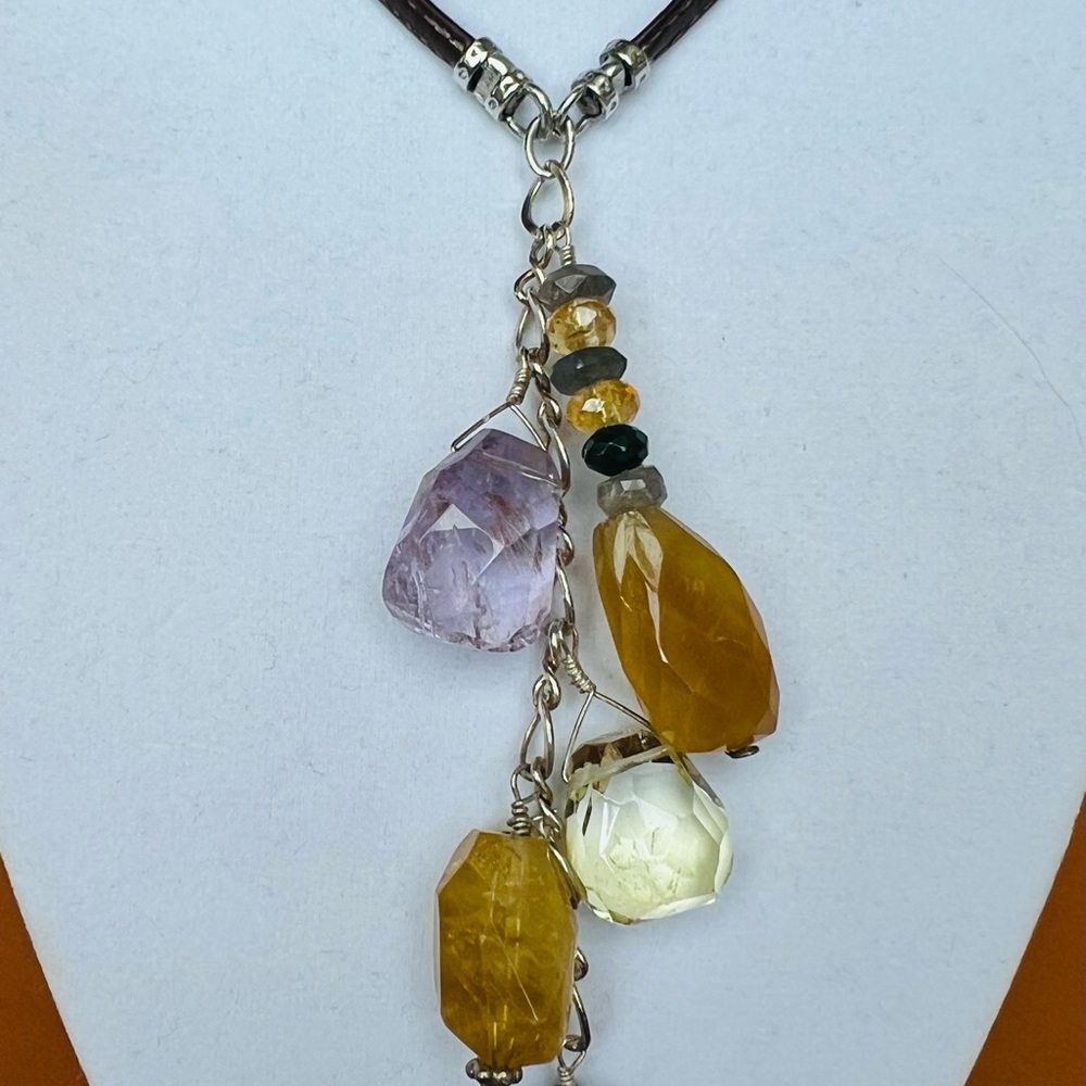 Bohemian Multi-Stone Pendant Necklace with leather and silver metal chain.